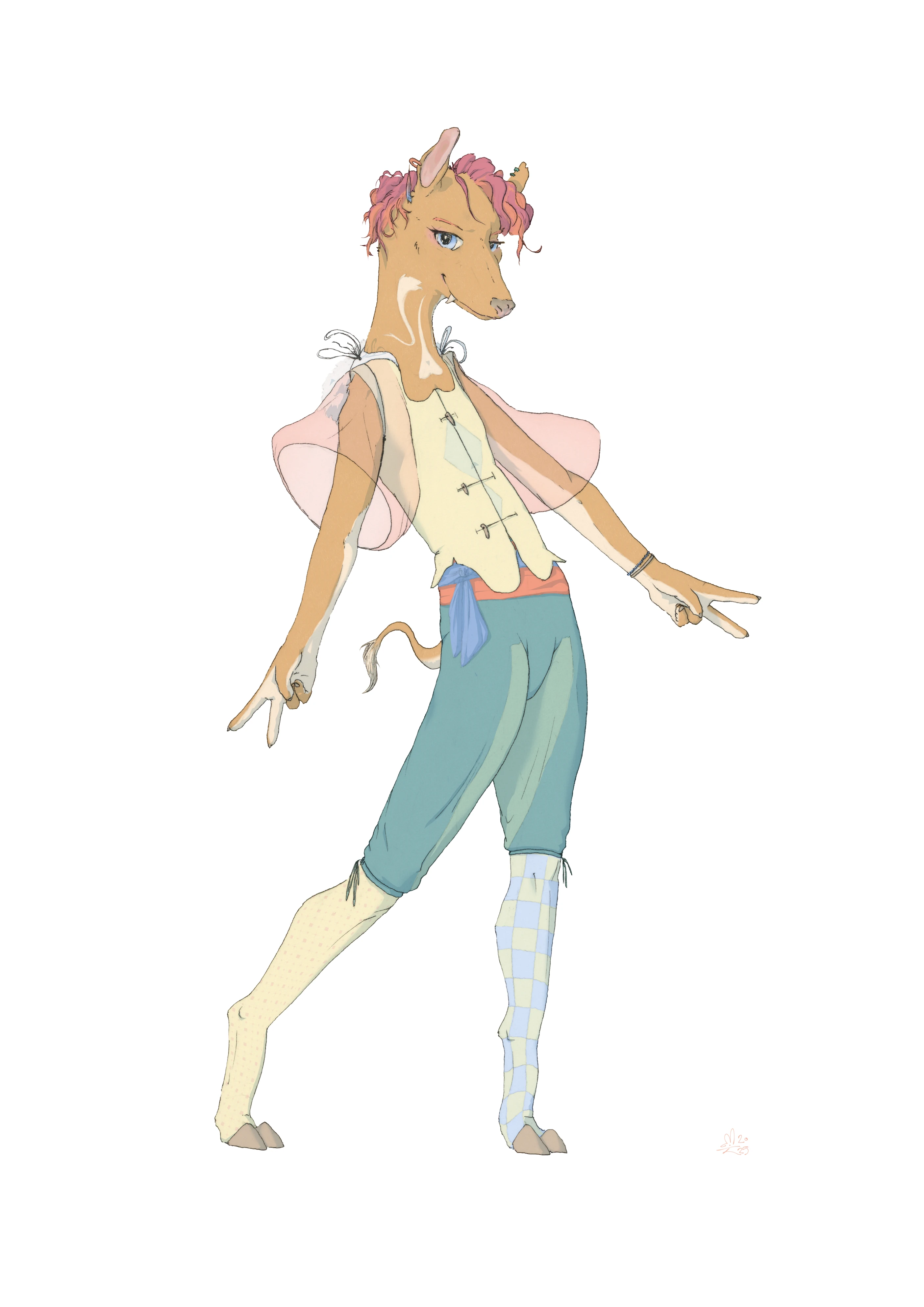 Digital art of an anthro male mouse-deer named Diiru with brown fur and blue eyes, standing in a regal pose against a white background. Features tusks and hooves.