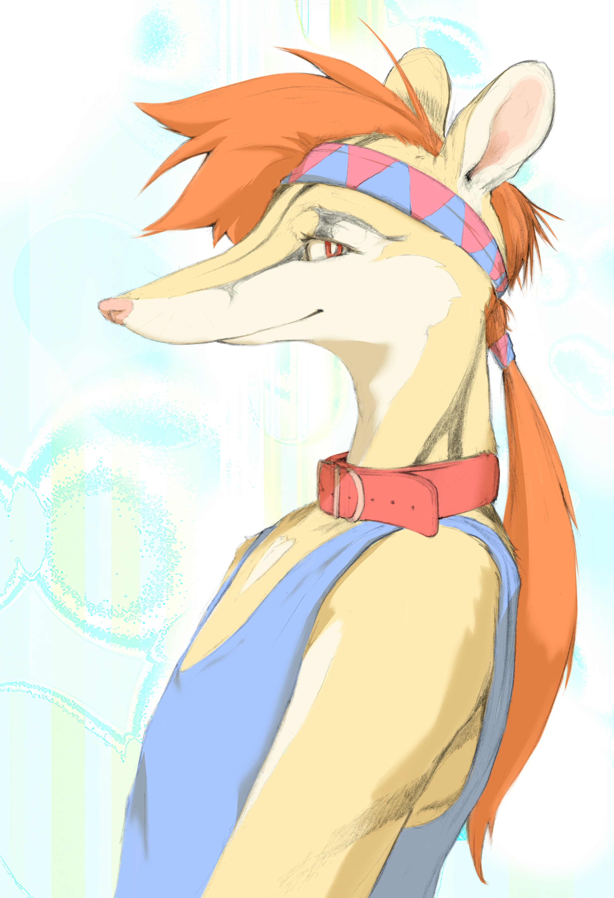 Digital illustration of an anthropomorphic banded palm civet character with light beige fur, a red collar, and a blue sleeveless shirt. Side profile facing left.