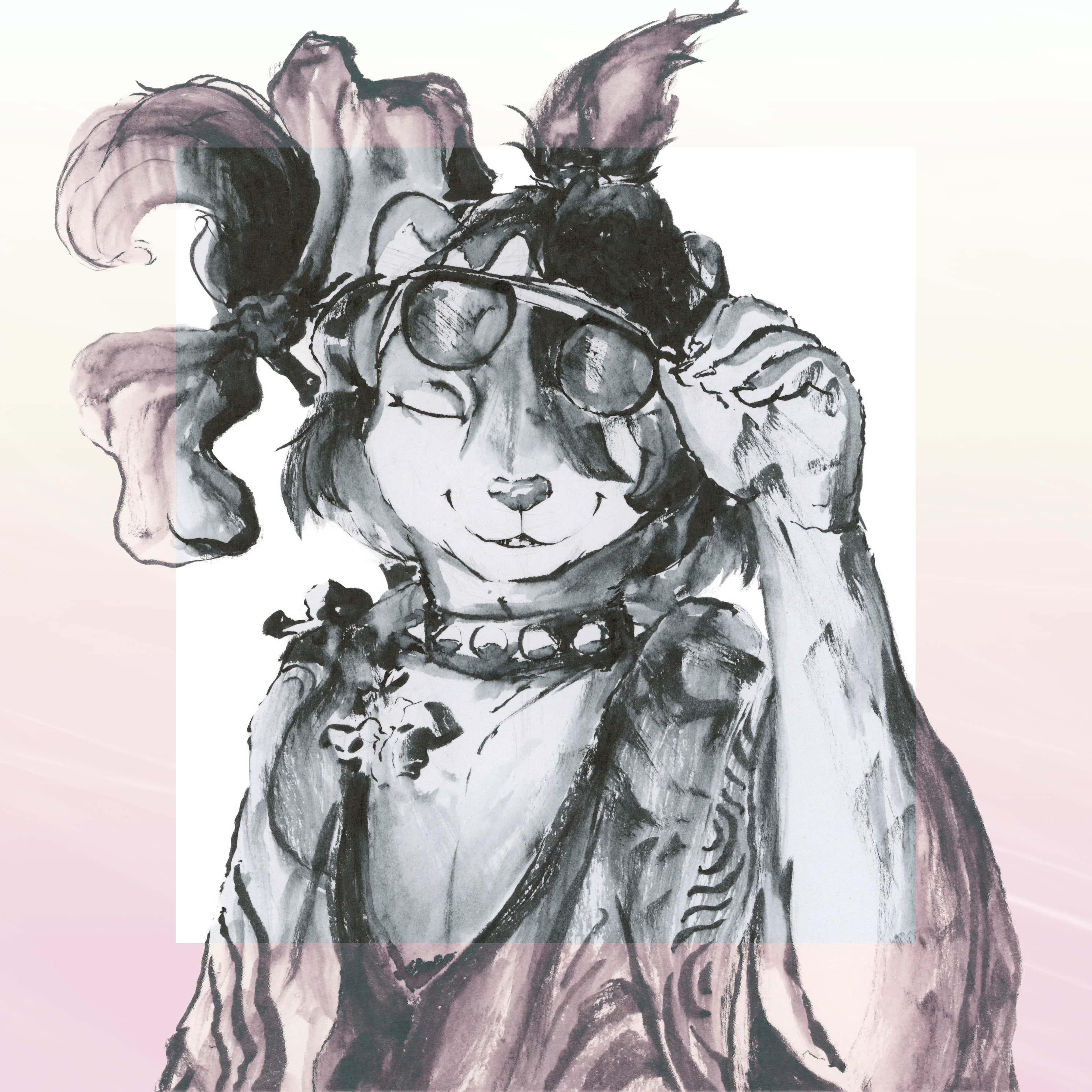 Digital drawing of an anthropomorphic weasel with a relaxed expression adjusting sunglasses. Sketch-like style with monochromatic shades and floral pattern crop top.