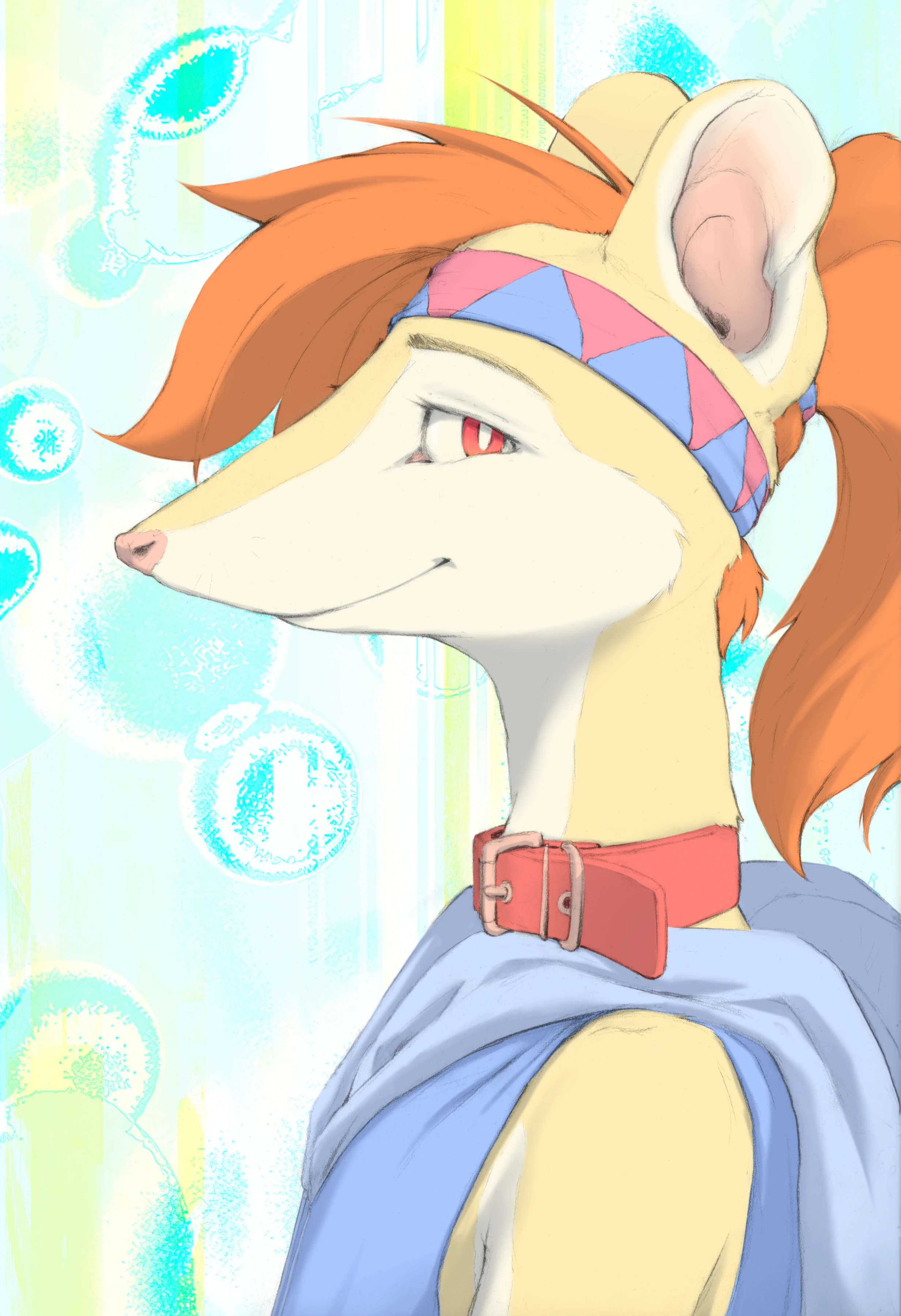 Digital illustration of an anthropomorphic phascogale character with a lanky build, light beige fur, a red collar, and a blue sleeveless cropped hoodie.