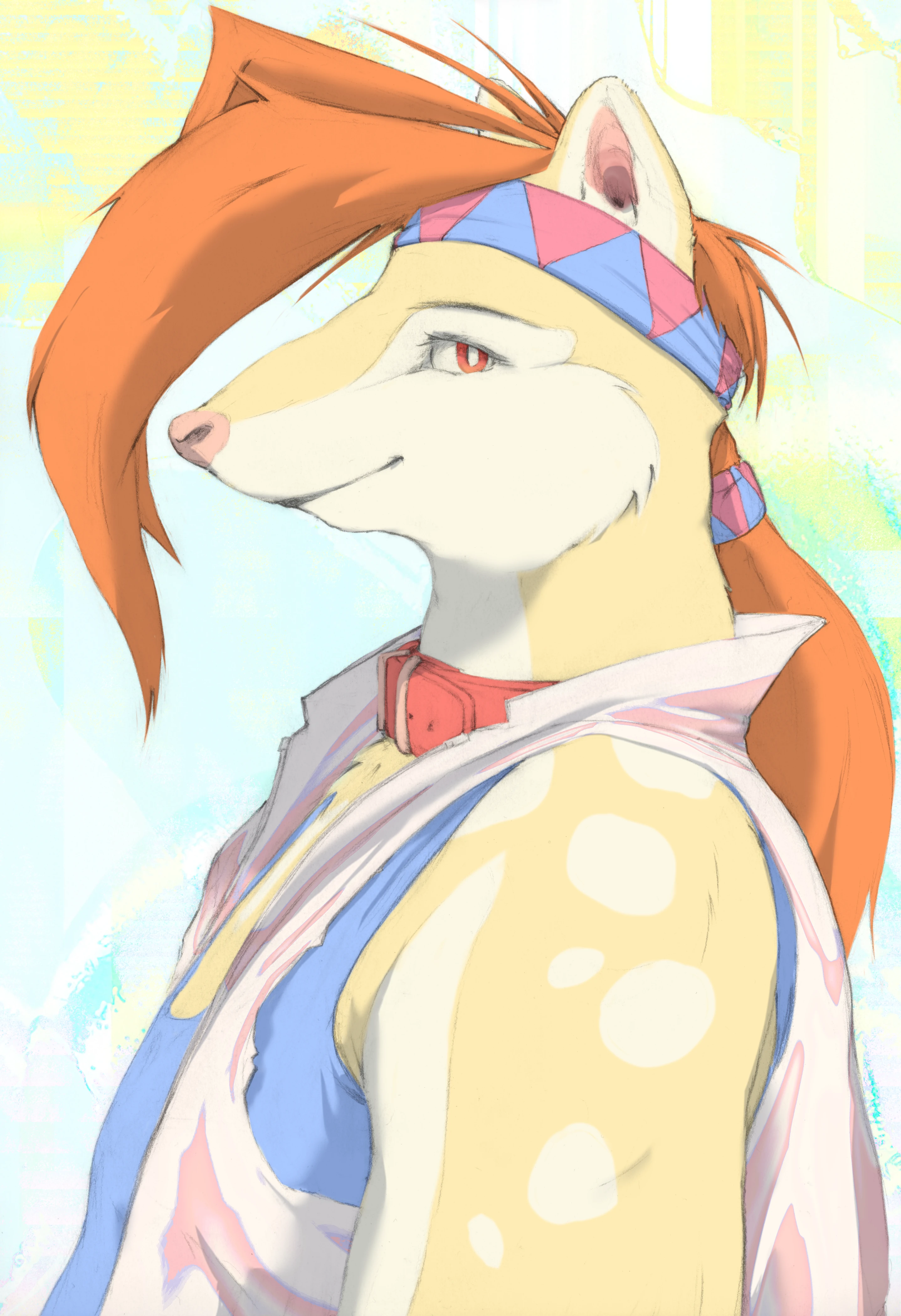Digital illustration of an anthropomorphic quoll character with a slightly chubby build, light beige fur, red collar, blue sleeveless shirt and a pearlescent high-collar jacket.