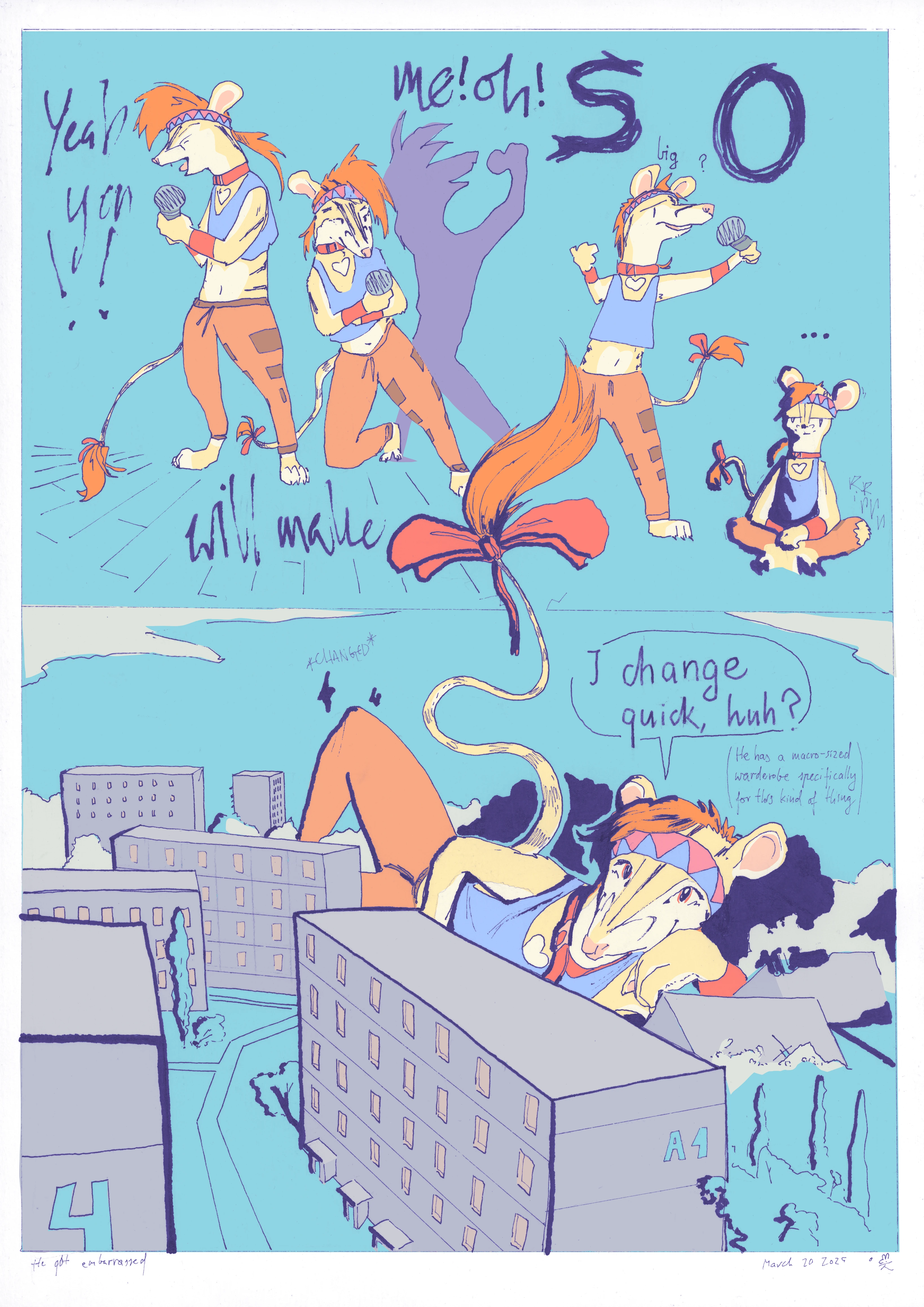 A comic page featuring Lem. He undergoes a transformation, becoming huge as he is singing on a stage.