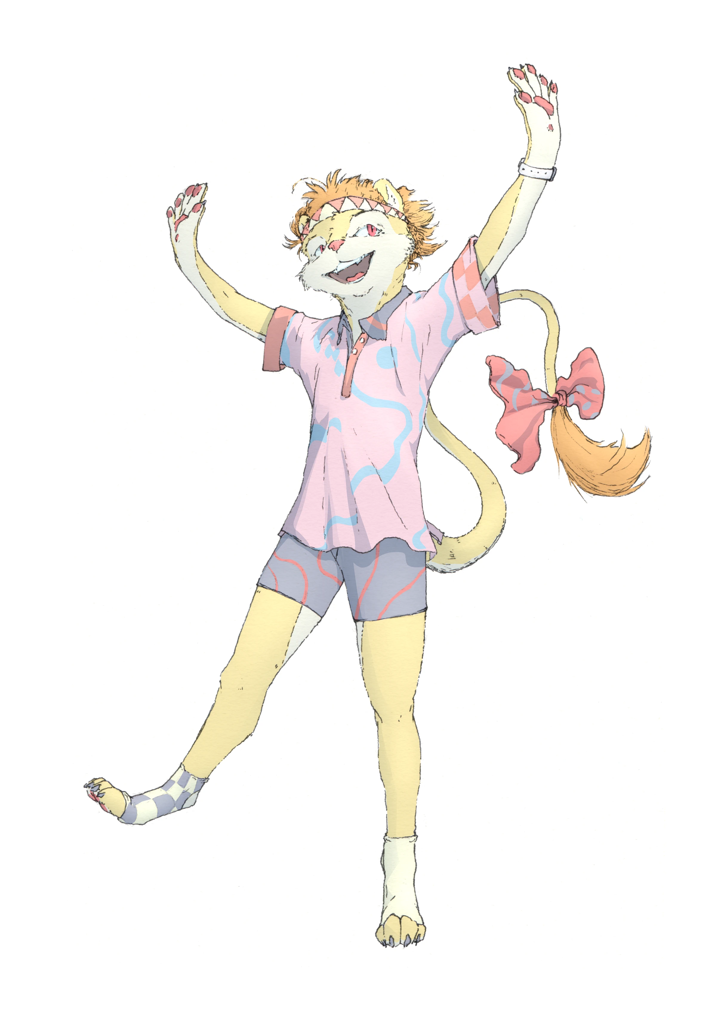 Illustration of Lem the Shapeshifter in his weasel form, featuring a collared shirt, bowtie, checkered socks and shorts, standing on one leg.