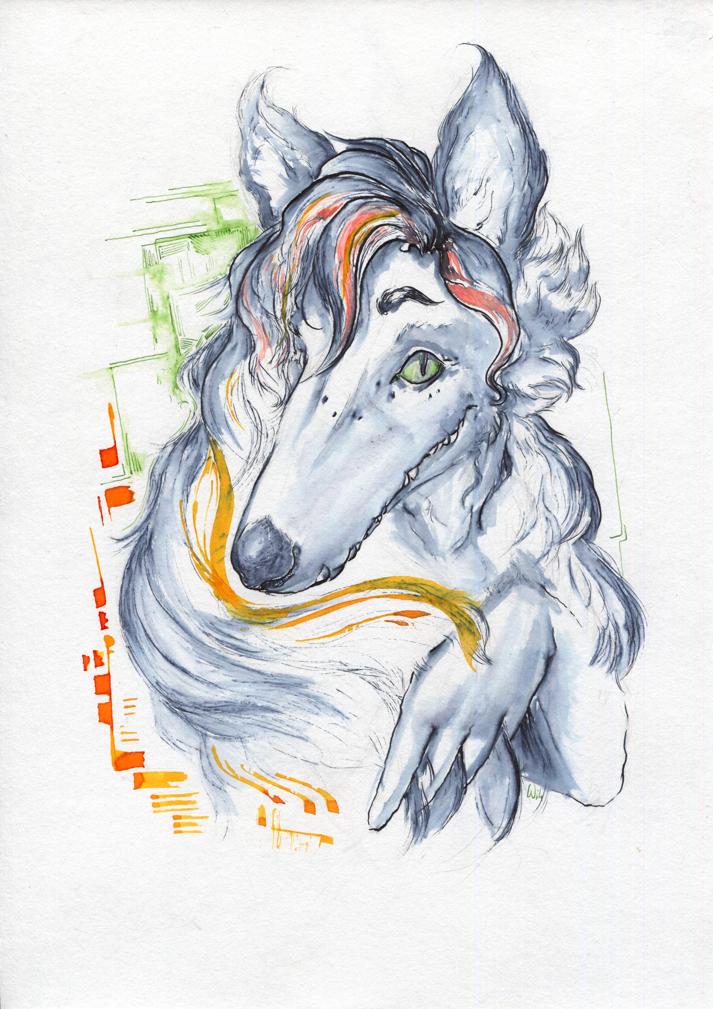 Ink-and-wash portrait of a borzoi-alligator hybrid creature.