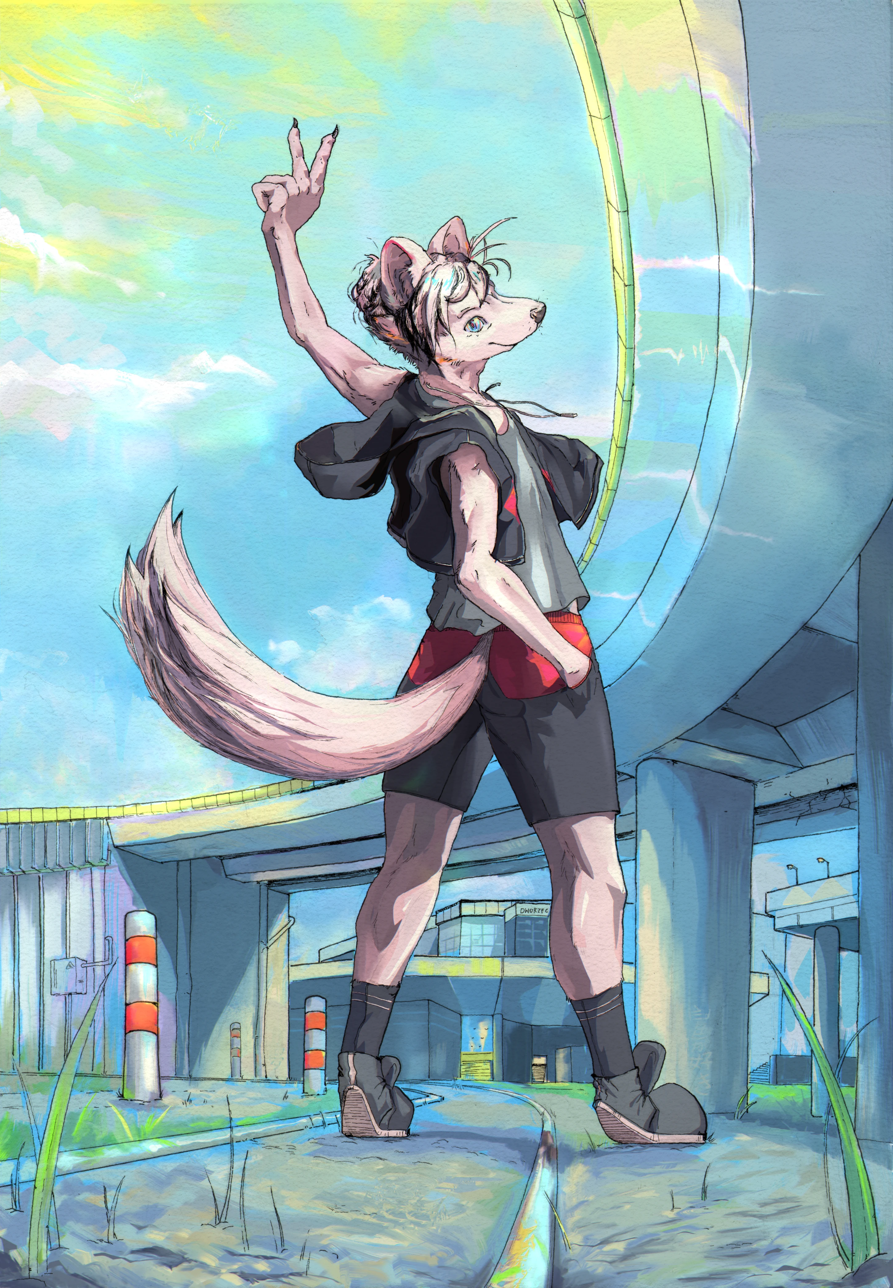 Anime-inspired illustration of an anthropomorphic wolf with white fur standing in an overgrown semi-urban area, looking over its shoulder with a peace sign.