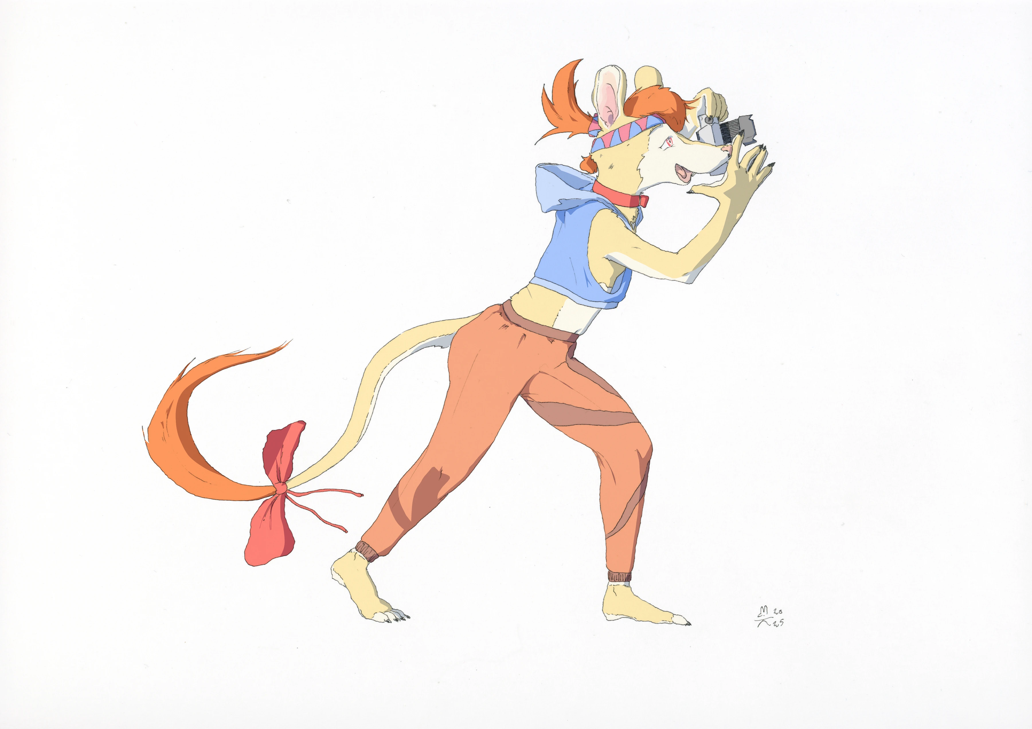Illustration of Lem in his phascogale form taking a photo with a wide-angle lens affixed to his camera. Wearing a sleeveless cropped hoodie and joggers.