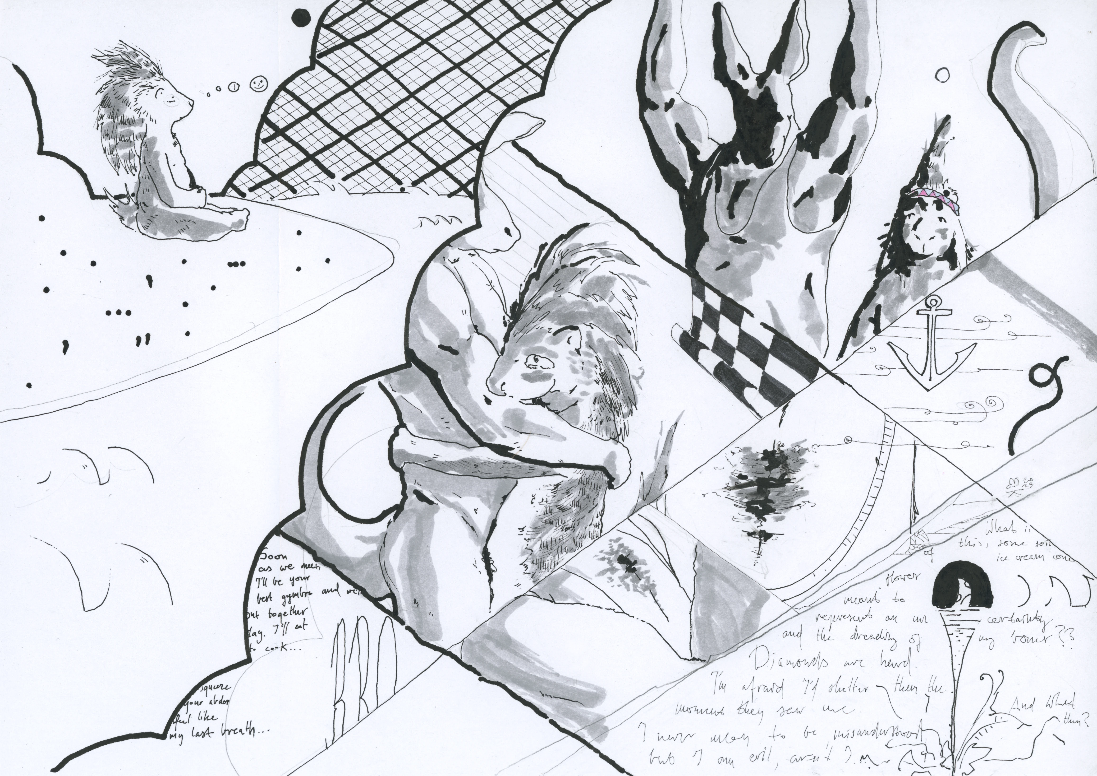 Abstract monochrome comic featuring a porcupine and a kangaroo gymbro in a dreamlike tessellation.