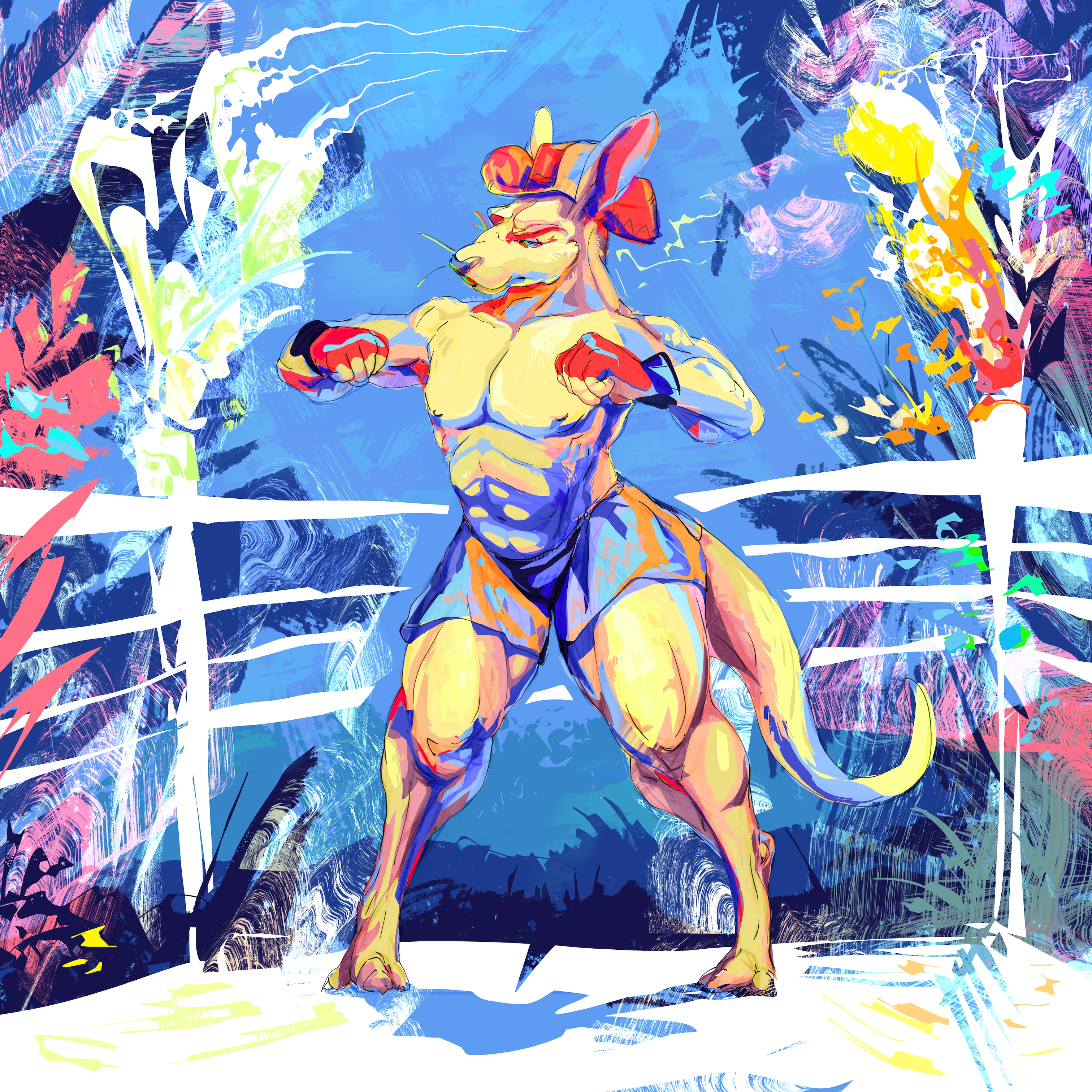 Massive anthropomorphic kangaroo boxer in blue trunks and gloves adoption a guarded stance in a stylized boxing ring with neon torches.