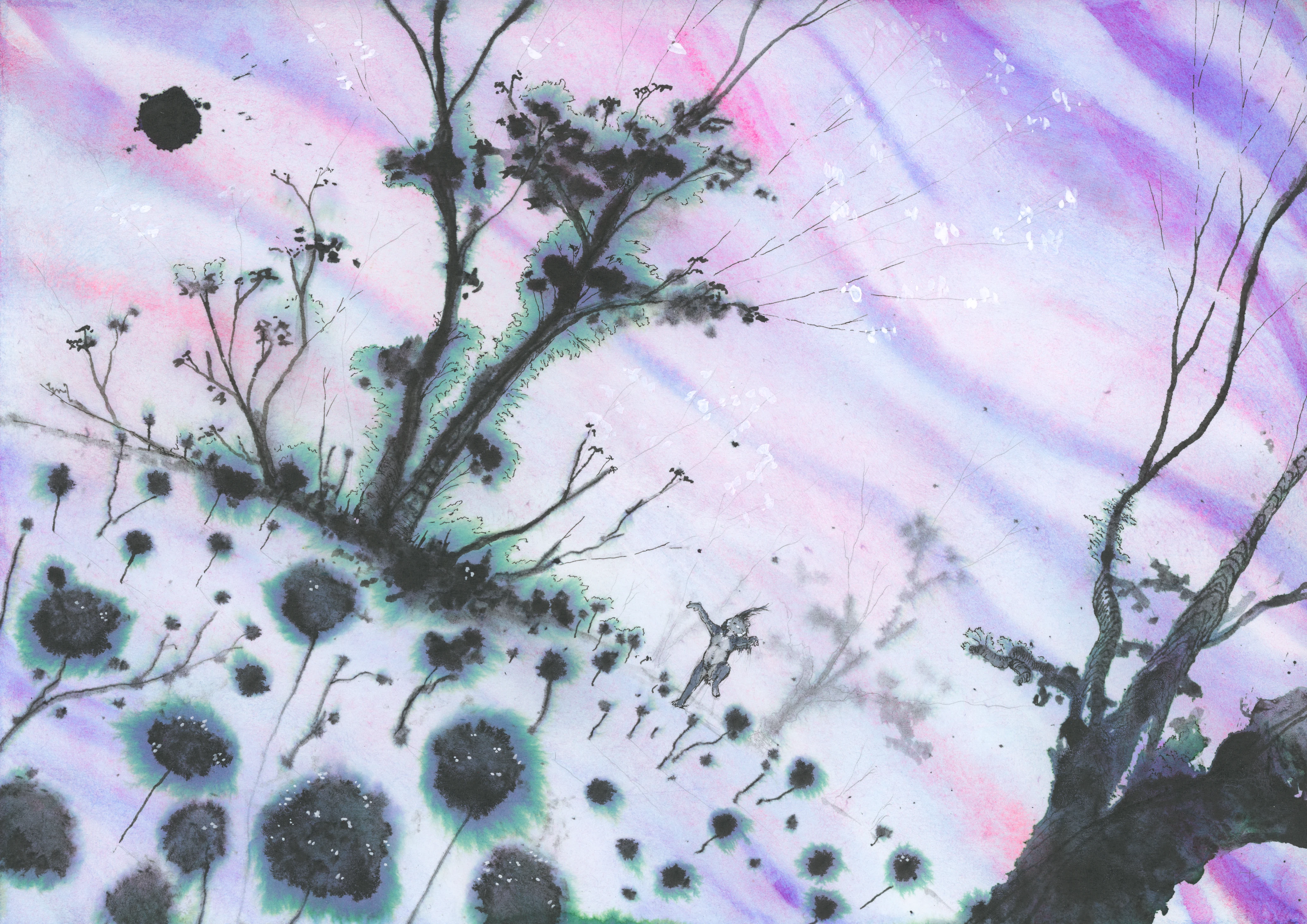 Porcupine figure in a surreal purple landscape with dandelion-like plants.