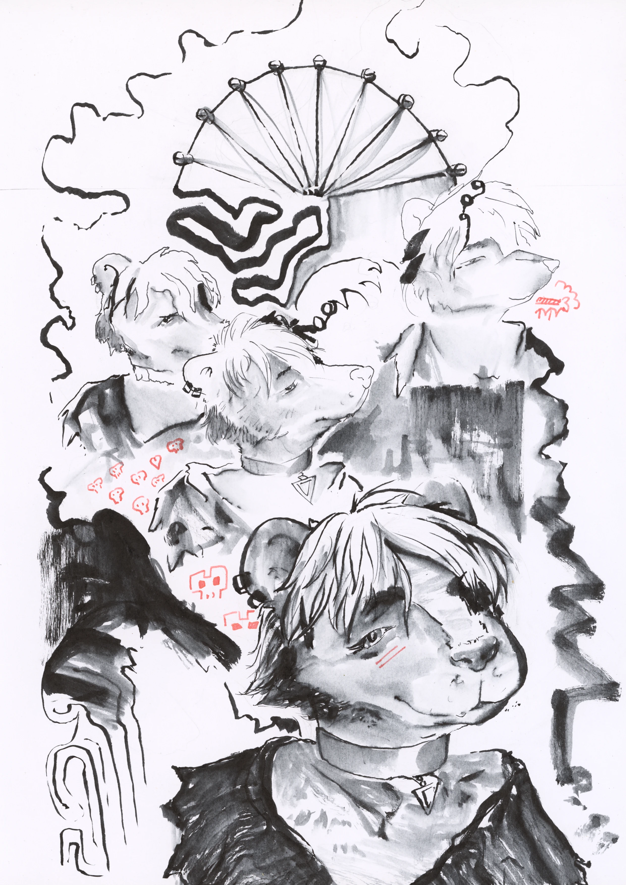 Ink wash sketches of a skunk character featuring profile views and a ferris wheel.