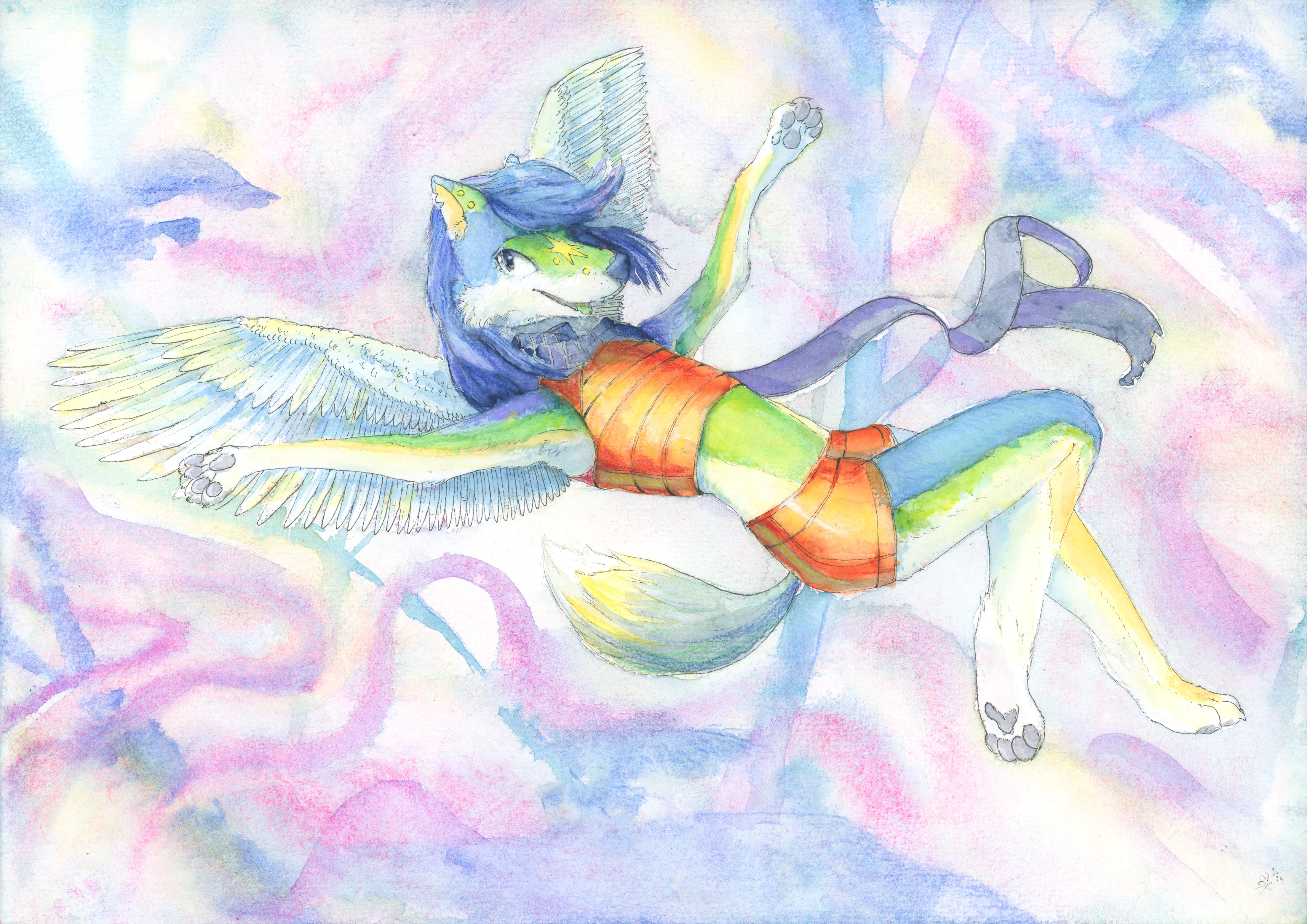 Winged wolf character in orange armor floating in a vibrant purple and pink sky.